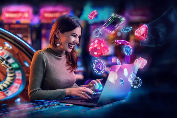 GOOB111 Games — Explore our rich library of casino classics A woman smiling while playing online games on her laptop, surrounded by neon casino elements, showcasing GOOB111’s diverse game collection.