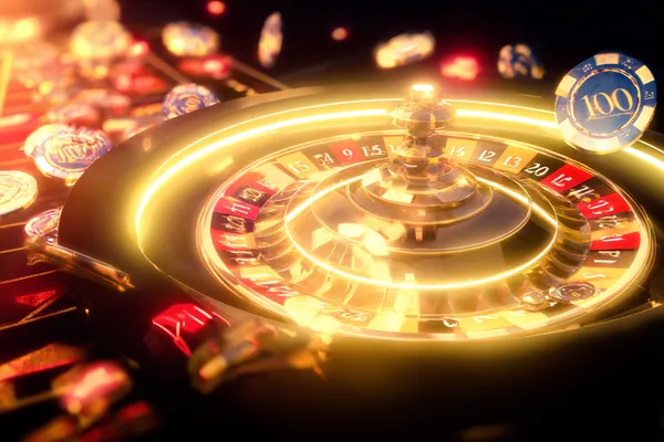 GOOB111 Live Games — Take part in high-energy casino action A glowing roulette wheel with cascading chips, symbolizing the engaging live and instant-win games available on GOOB111.